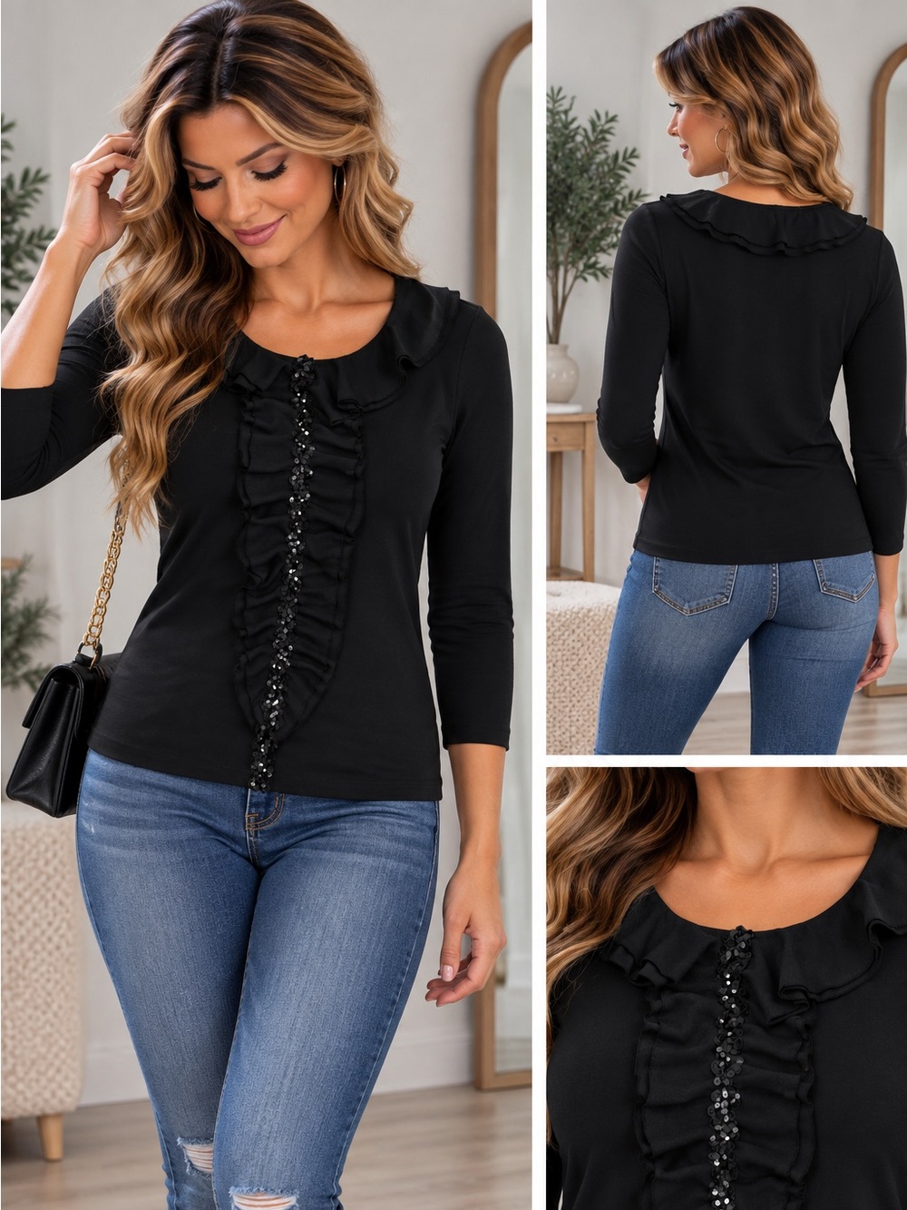 Jones New York Women's Medium Black Ruffle Sequin Embellished Top NWOT